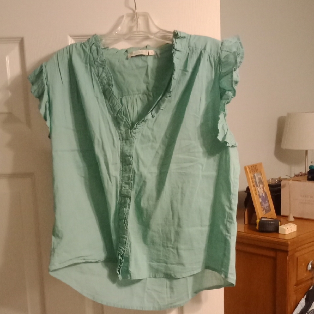 Women's Green Ruffle Sleeve Top Anthropology
